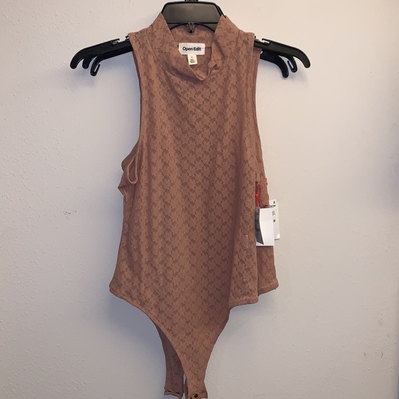 Open Edit Mock Neck Lace Bodysuit in Tan Mocha, Size Small 🤩 T15 - Picture 2 of 8